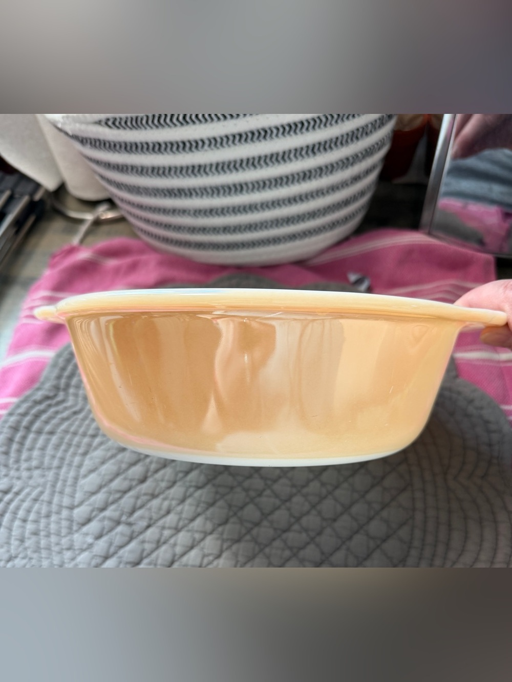 Fire King Peach/White Glass Baking Dish